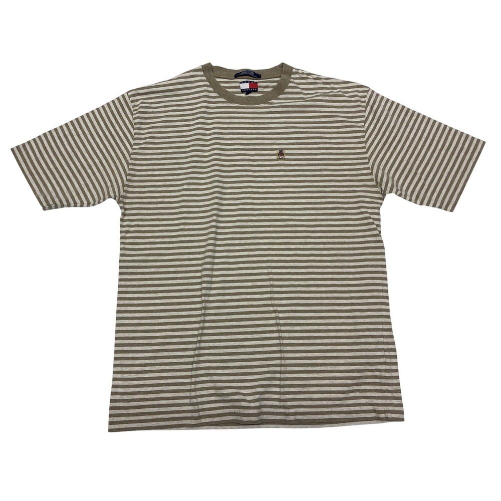 Vintage Tommy Hilfiger Striped T-Shirt Khaki Tan Cream XL Mens Short Sleeve Tee